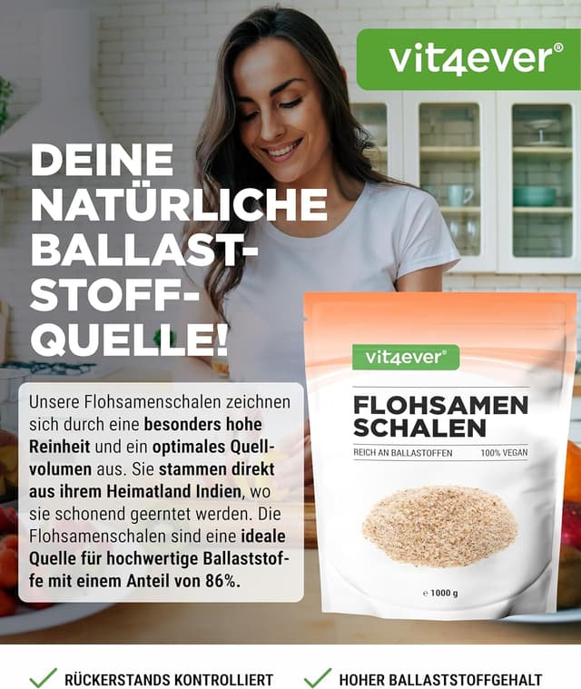 Detalle de vit4ever Flohsamenschalen 99% Reinheit (1.000 g) – vegane Psyllium-Husks ohne Zusätze