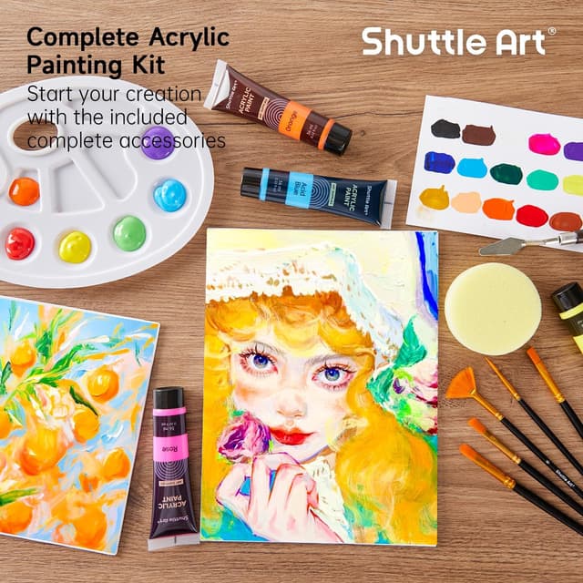 Detalle de Shuttle Art 48 Pack Acrylic Paint Set with 30 colours, 10 brushes, 5 canvases and palette