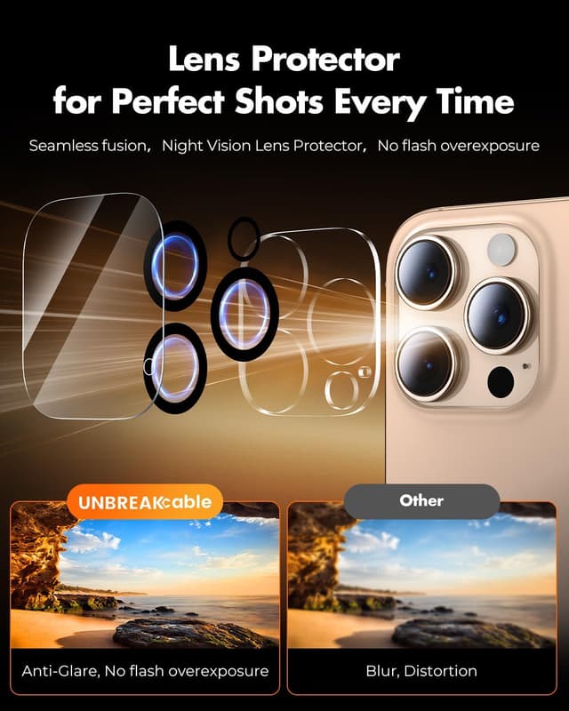 Detalle 2 de UNBREAKcable 2+2 Pack Tempered Glass Screen Protector & Lens Protector for iPhone 16 Pro Max