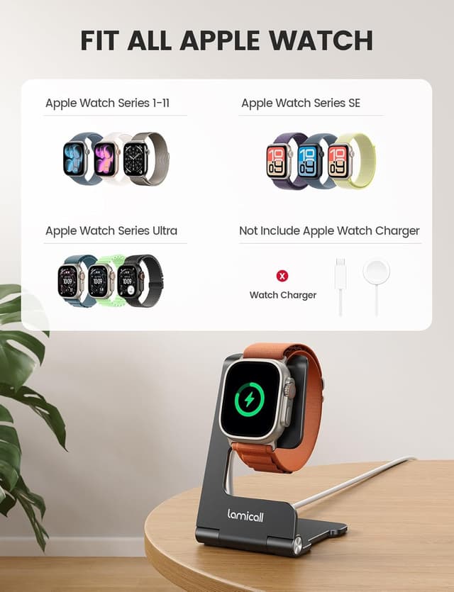 Detalle de Lamicall Foldable Charger Stand for Apple Watch (Ultra-thin desk & travel holder, black) — Not a charger