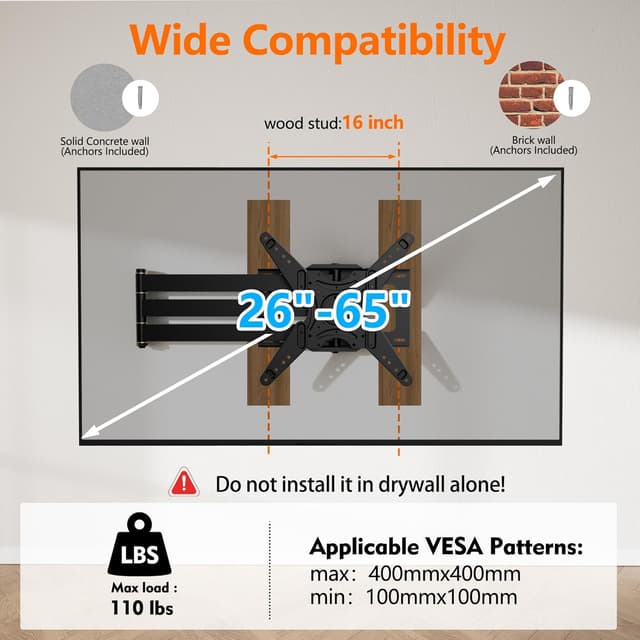 Detalle de WHYFONE Extra Long Arm TV Wall Mount 48" Extension, Rotating Full Motion for 26"-65" TVs (VESA 400x400mm, 110 lbs)