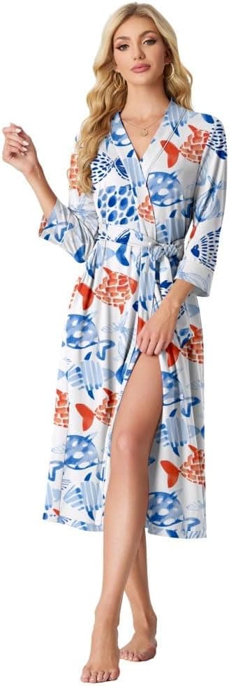 Detalle de PrinStory Damen Bademantel leichter Kimono mit 3/4-Ärmeln
