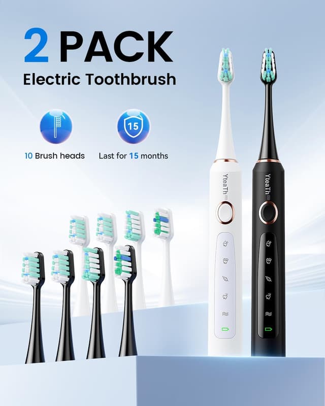 Detalle 2 de YTEATH PRO 2 Pack Sonic Electric Toothbrush Set (Adults & Kids) with 10 Brush Heads, 5 Modes and Travel Case