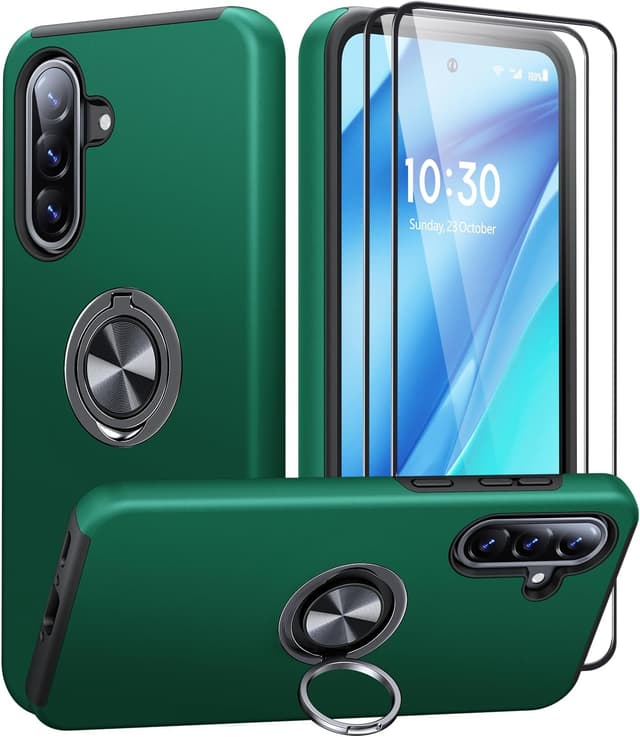 Detalle de AOUIA for Samsung Galaxy A56 5G Case (Green) with 2x Screen Protector and 360° Ring Kickstand