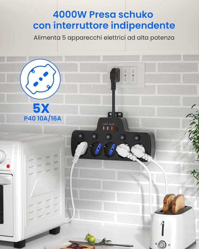 Detalle de Ciabatta multipresa elettrica 5 prese Schuko 16A
