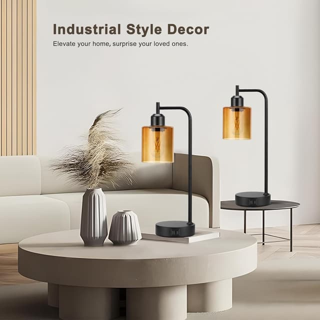 Detalle de Aooshine industrial table lamps with amber glass shade (2-pack, touch dimmable, USB ports, bulbs included)