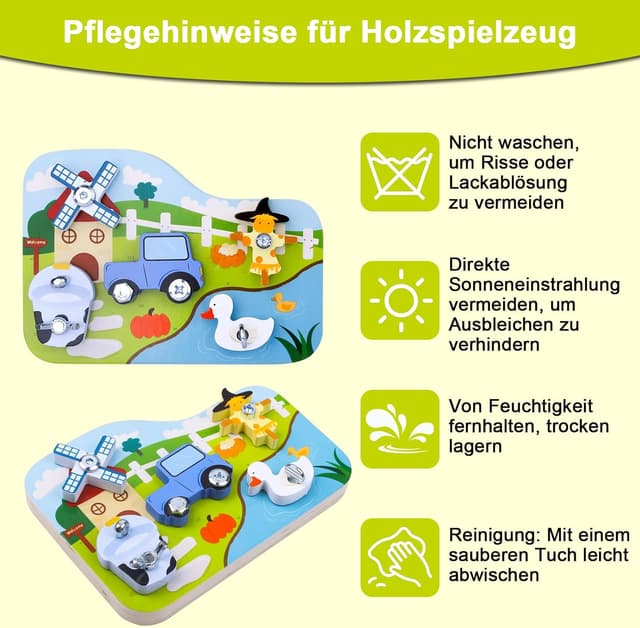 Detalle 2 de Liangding Montessori Bauernhof-Schraubbrett (17-teiliges Set) aus Holz – Lern- und Motorikspielzeug ab 3 Jahren