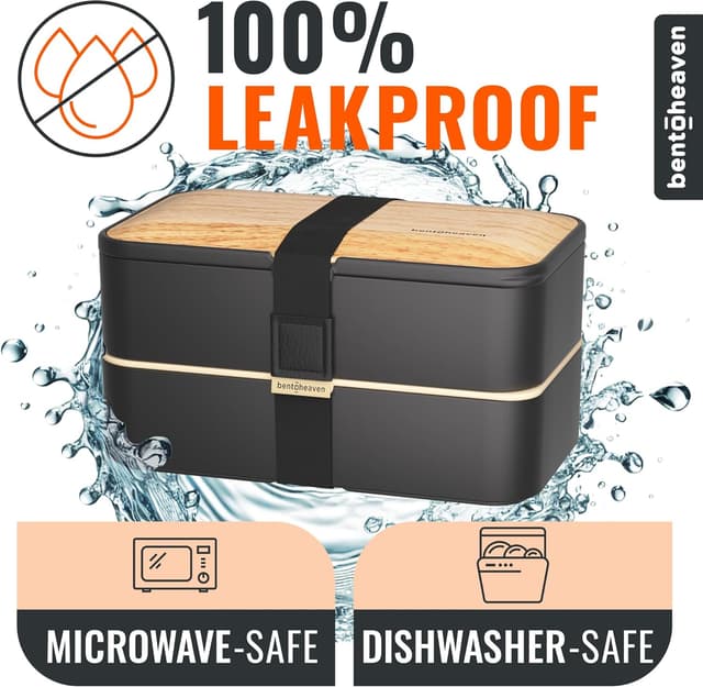 Detalle 2 de Bentoheaven Premium Bento Box Adult Lunch Box (Microwavable, Compartments, Utensils & Dip Container) — Symph Onyx
