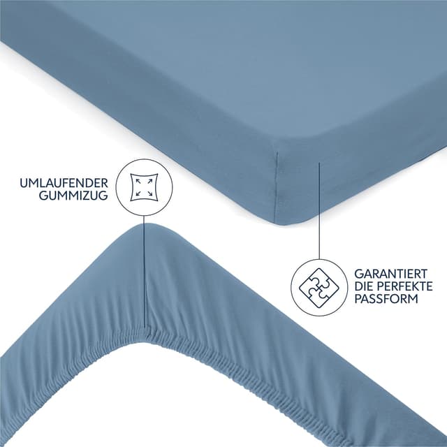 Detalle 2 de Dreamzie Premium Spannbettlaken 180x200 cm (Jersey Baumwolle bis 27 cm Matratzenhöhe) – Blau