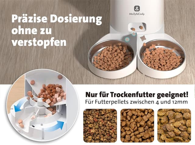 Detalle de Molly&Cody Lucky Futterautomat für Katzen & Hunde mit 4-L-Behälter, Zeitplan und doppeltem Napf