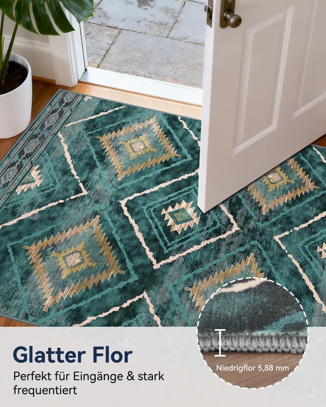 Detalle de Tapis de salon lavable en machine DEFYNEE 180 x 270 cm style marocain, bleu canard