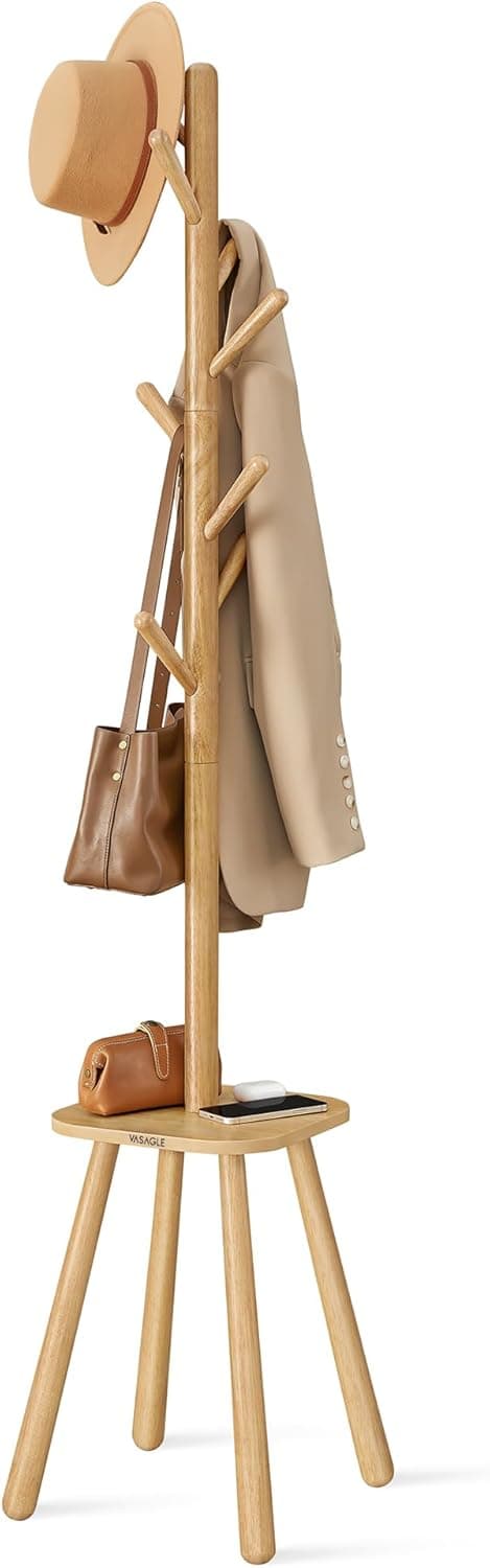 Detalle de VASAGLE Attaccapanni da Terra RCR033N01 beige naturale con 8 ganci e piano portaoggetti (170,5 cm)