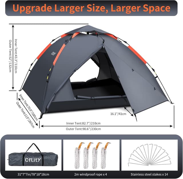 Detalle 2 de Cflity Camping Tent 3-Man Instant Pop Up Dome (Waterproof, Removable Rain-Fly, 2 Extensible Porches)