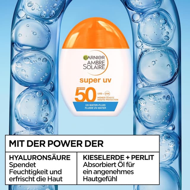 Detalle de Garnier Ambre Solaire Super UV UV-Water-Fluid LSF 50 – erfrischende Sonnencreme für das Gesicht, Dry-Touch, unsichtbares Finish, 40 ml