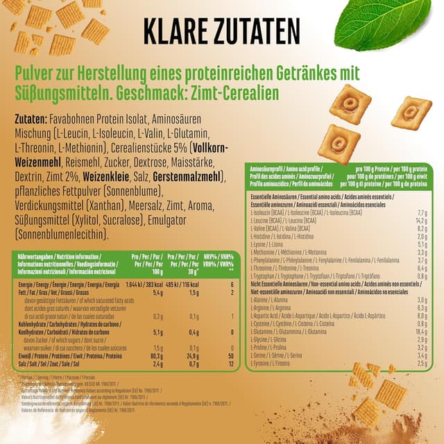 Detalle 2 de vit4ever Yummy Vegan Protein Cinnamon Cereal mit Chunks – veganer Proteinshake aus Fava-Bohnen-Isolat (908 g)