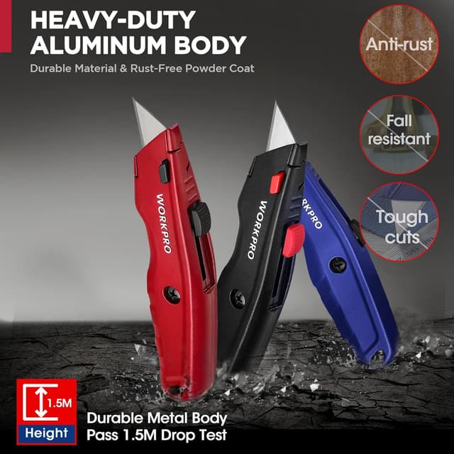 Detalle de WORKPRO set di coltelli di sicurezza retrattile 3 pezzi con 10 lame di ricambio a cambio rapido (nero/rosso/blu)