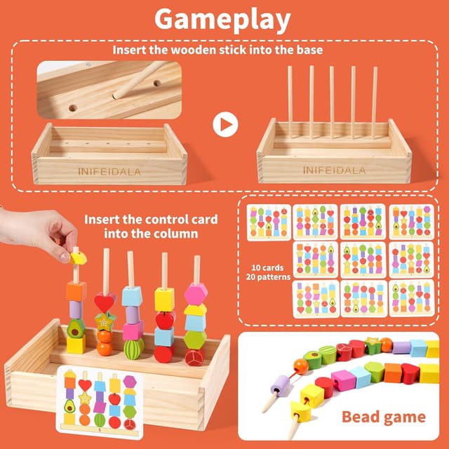 Detalle de INIFEIDALA Toddler Montessori Learning Toy: Rainbow Stacking & Lacing Beads Wooden Peg Board Set
