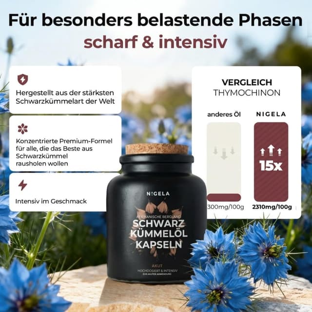 Detalle 2 de Nigela Schwarzkümmelöl Kapseln DAILY – ägyptisches, ungefiltertes Bio-Kaltpressöl (180 Stück)