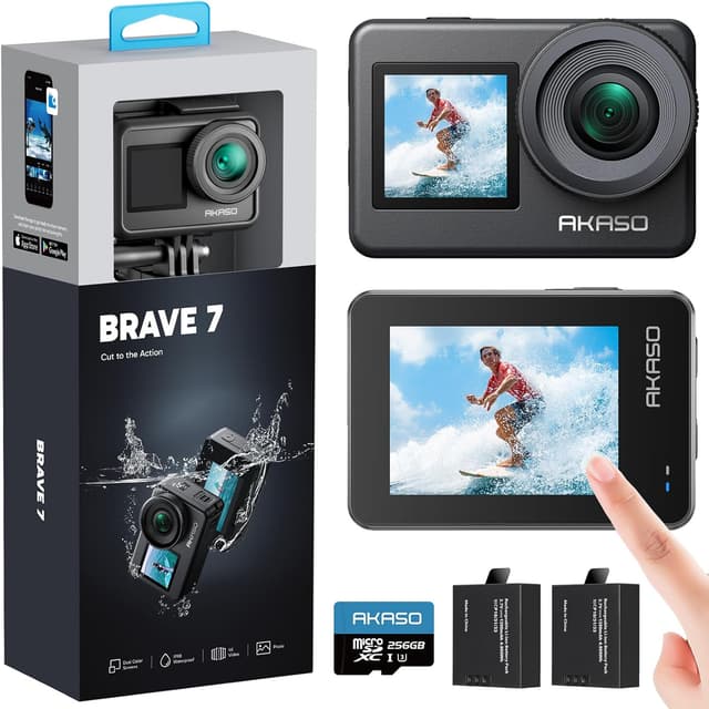 Detalle de AKASO Brave 7 Caméra Sport 4K étanche IPX8 (2 écrans tactiles, EIS 2.0) avec carte 256Go, télécommande et 2 batteries 1350 mAh