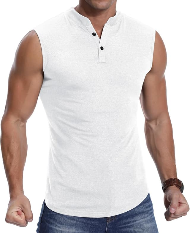 Detalle 2 de PCEAIIH Men’s Sleeveless Henley Vest Sports Tank (65% rayon / 35% polyester) – slim fit running & gym top