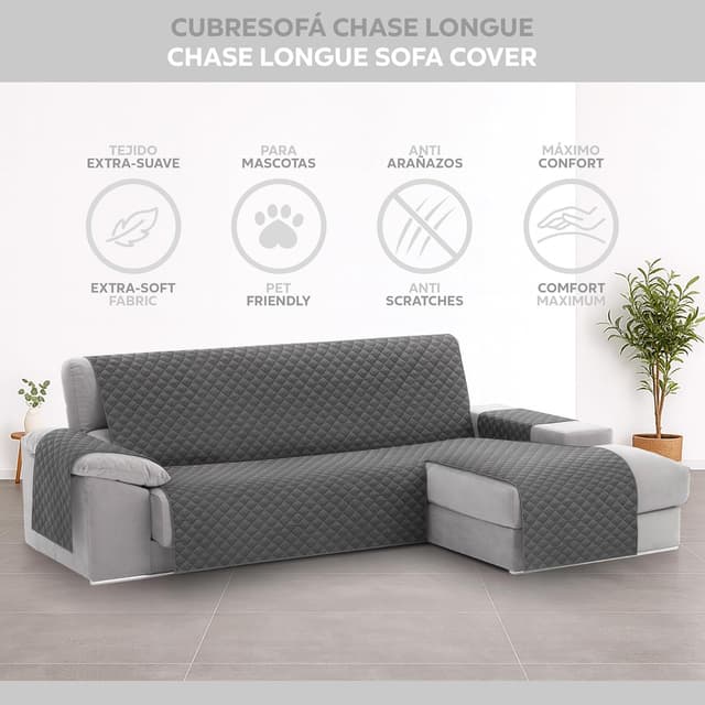 Thumbnail 1 de textil-home Funda Cubre Sofá Chaise Longue Malu ❤️ 240cm Gris