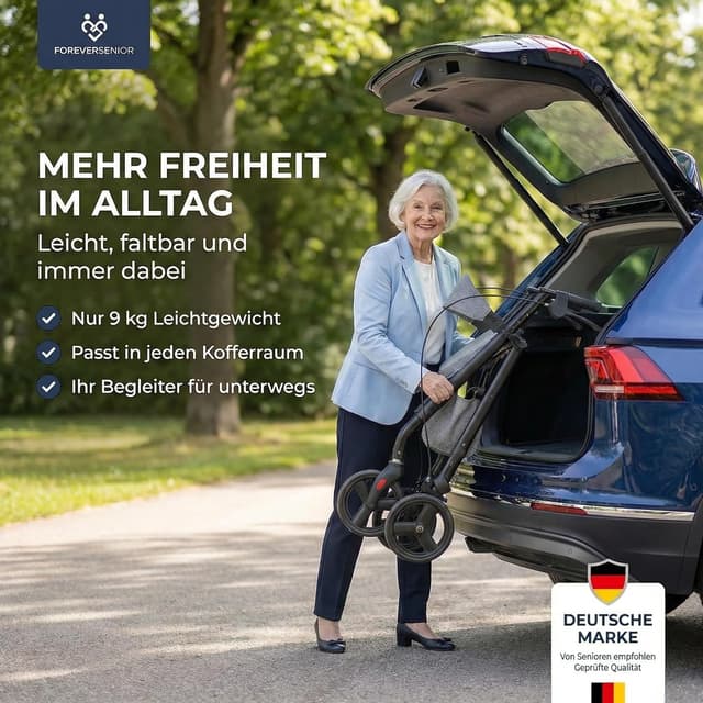 Detalle de ForeverSenior Rollator faltbar & leicht mit Sitz (9 kg) – schmal für Wohnung & Outdoor