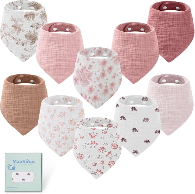 Detalle de Yoofoss Muslin Baby Bibs (10 Pack) – 100% Cotton Dribble Bandana for Teething, Adjustable Snaps