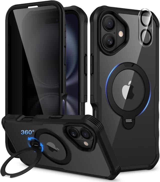 Detalle de CENHUFO iPhone 16 Plus case with built-in privacy screen protector, clear back & 360° magnetic ring stand (Black)