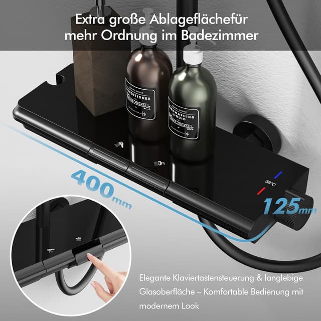 Detalle de HOMELODY Duschsystem mit Thermostat, Glasablage und 30×20 cm Kopfbrause (schwarz) – Komplettset mit 3 Strahlarten