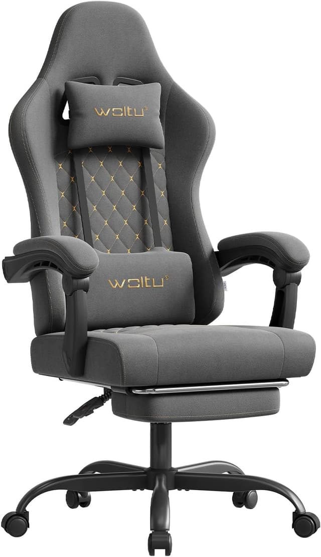 Detalle de WOLTU Gaming Stuhl mit Massagefunktion, Lordosenstütze, 150-kg-Last & Fußstütze (Grau+Gelb)
