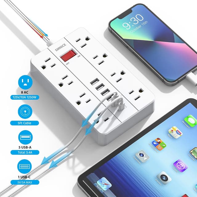 Detalle de SMNICE Power Strip with USB (Surge Protector, 8 Outlets + 6 USB Ports including USB-C), Flat Wall-Mountable Design
