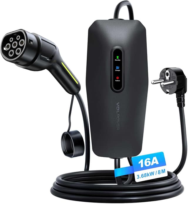 Detalle de Chargeur Voiture Électrique VDLPOWERVP Type 2 3,68 kW / 8 m, câble 16 A Schuko (borne monophasée) IP65