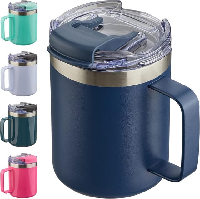 Detalle de ALOUFEA 12oz Insulated Stainless Steel Coffee Mug with Handle and Flip Lid (Navy)