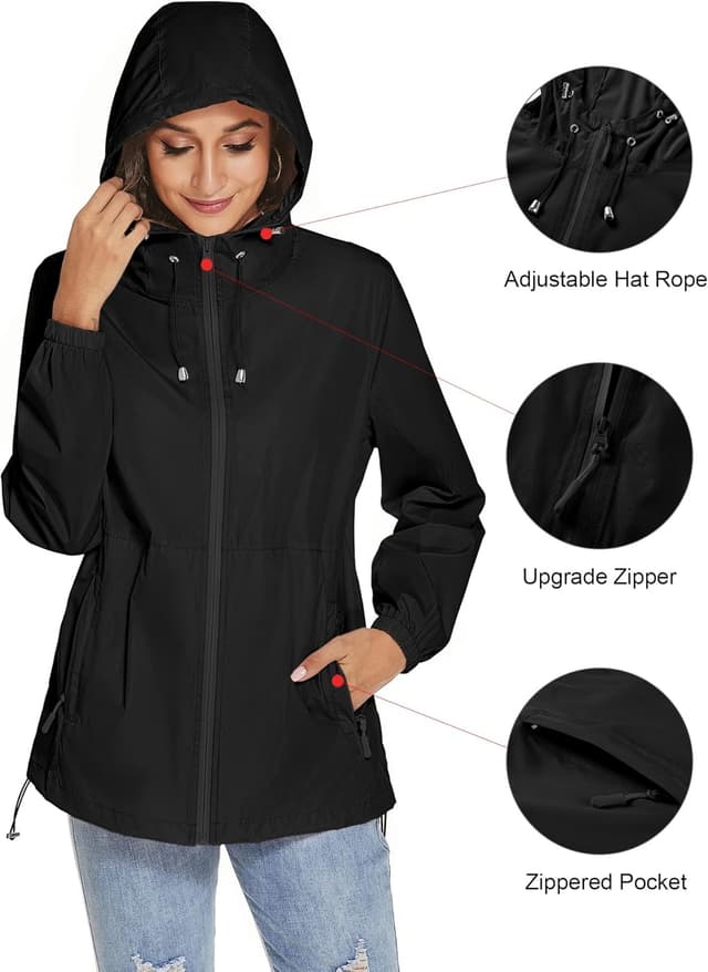 Detalle 2 de TCOT Womens Waterproof Rain Jacket Windbreaker (Lightweight Packable Rain Coat)