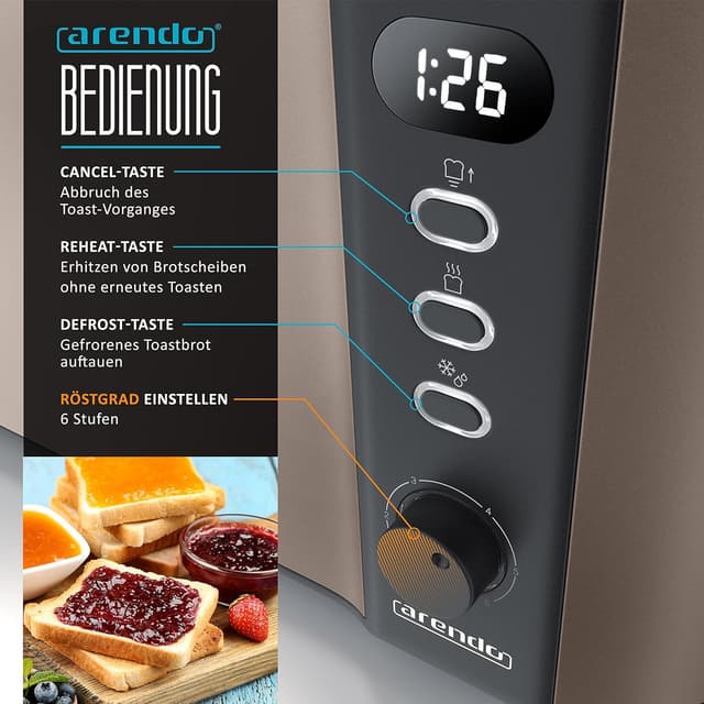 Detalle de arendo Edelstahl-Toaster Langschlitz für 4 Scheiben mit Auftaufunktion und Restzeitanzeige (Bronze Design)