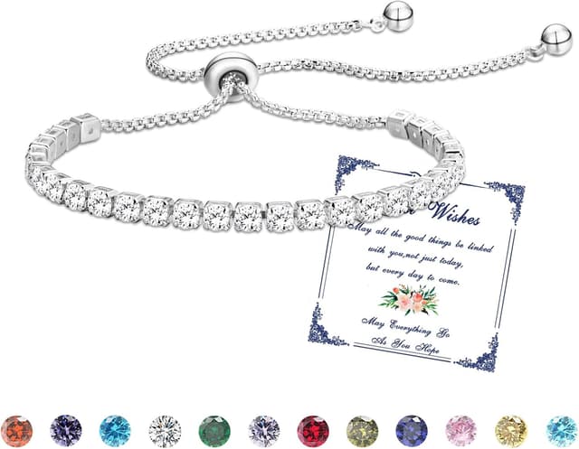 Detalle de Esmoly bracciale tennis da donna in argento con zirconi 5A, 12 pietre di nascita e cinturino regolabile