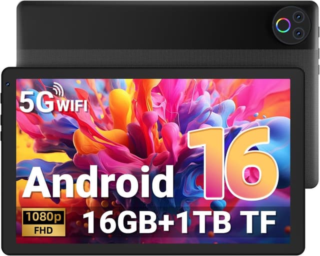 Detalle de Gleeso 10-inch Android 16 Tablet (16GB RAM, 1TB TF, Widevine L1, BT 5.4/5G WiFi) with Face Unlock – Black