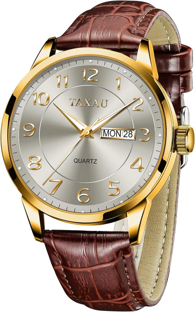 Detalle de Taxau Herren Quarzuhr mit Doppelkalender, Tag-Datum und 30 m wasserdichtem Lederarmband