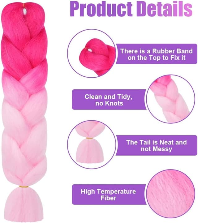 Detalle de Aoimg rajout cheveux en tresse Jumbo 2 pièces, 65 cm (fibre synthétique) pour crochet/twist – dégradé rose