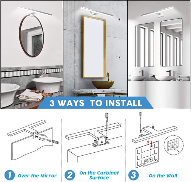 Detalle 2 de Azhien LED-Spiegelleuchte fürs Badezimmer 10 W, 820 lm, 40 cm, Kaltweiß 6500 K, IP44 (3in1 Montage, 230 V)