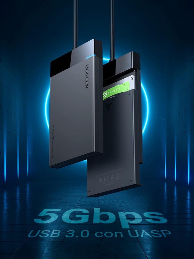 Detalle 2 de UGREEN Case Esterno per Disco Rigido USB 3.0 da 2,5” con UASP (SSD SATA 9,5/7 mm e HDD) e cavo 30 cm