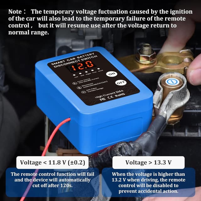 Detalle de Disjoncteur de batterie télécommandé sans fil 12V 240A avec LED et coupure automatique (bleu)