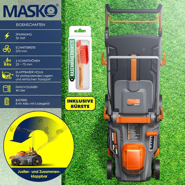 Detalle 2 de MASKO® Akku-Rasenmäher mit Mulchfunktion (36 V) inkl. 2× Li-Ion 4 Ah, Doppel-Ladegerät, Rasentrimmer 37 cm & Fangkorb 40 l