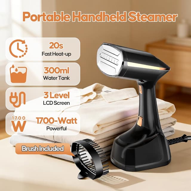 Detalle 2 de PKBD Handheld Clothes Steamer (1800W) with Detachable 300ml Tank, LED Screen & 3 Steam Speeds