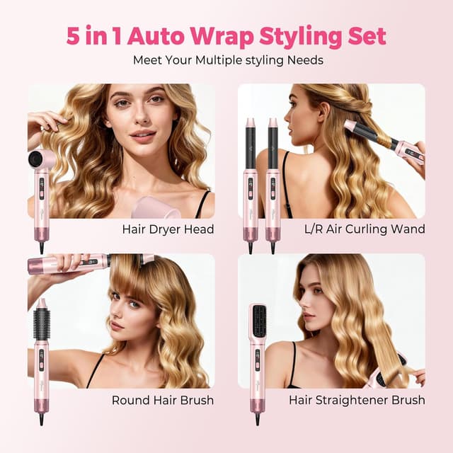 Detalle de 5 in 1 Hot Air Styler Brush (1000W) with LCD Display, Auto Rotating Curler & Snap-On Attachments