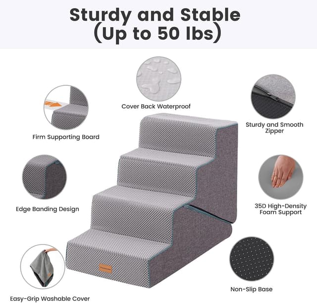 Detalle 2 de Gardner Pet 4-Step Adjustable Dog Steps for Bed 47–56cm High (Grey) – Waterproof, Non-Slip Ramp with 35D Foam