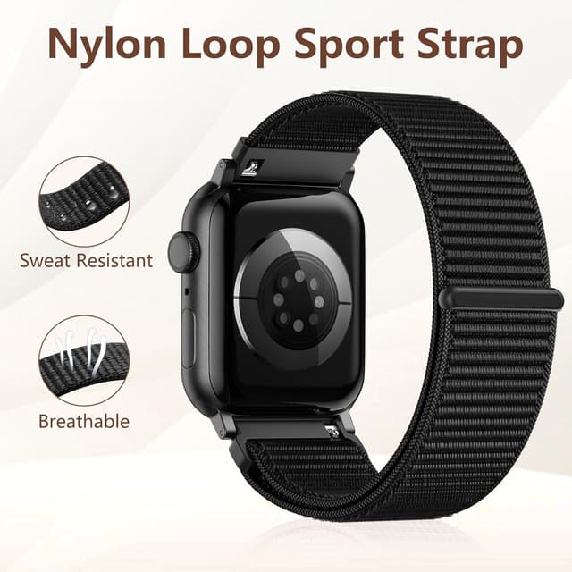 Detalle de CeMiKa Nylon Loop Strap for Apple Watch (Black) – breathable sports nylon for 46mm/42mm/44mm/45mm/49mm