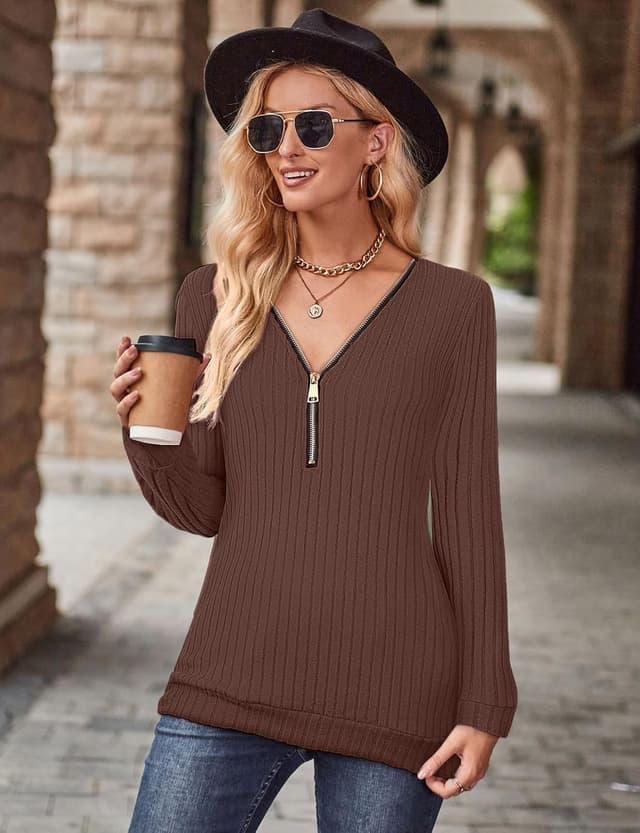 Detalle de Gemulate women’s long sleeve v-neck zip jumper – lightweight knit striped sweater