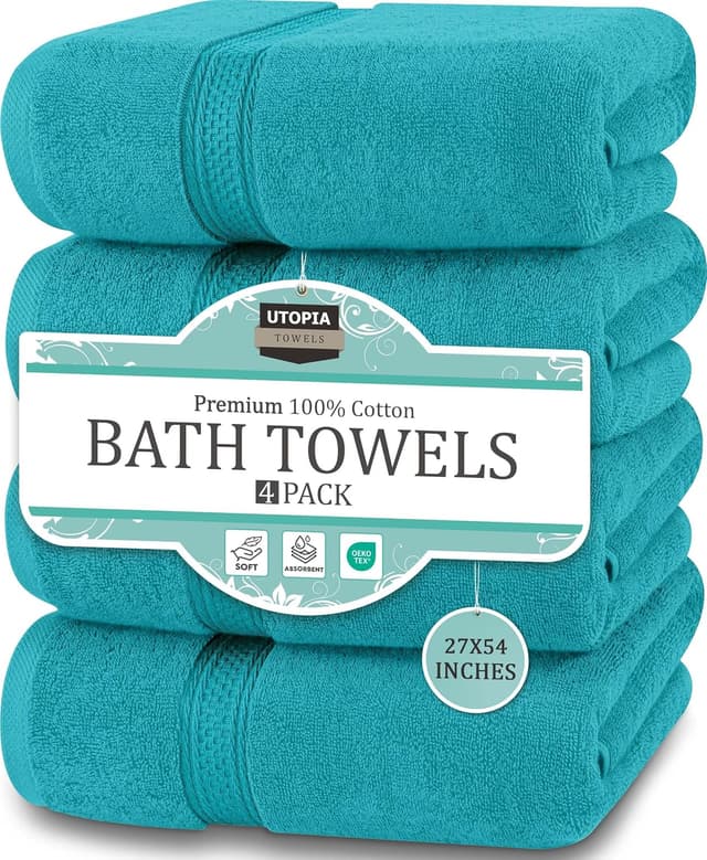 Detalle de Utopia Towels 4er-Set Badetücher (Premium, 100% ringgesponnene Baumwolle) 69 x 137 cm – türkis