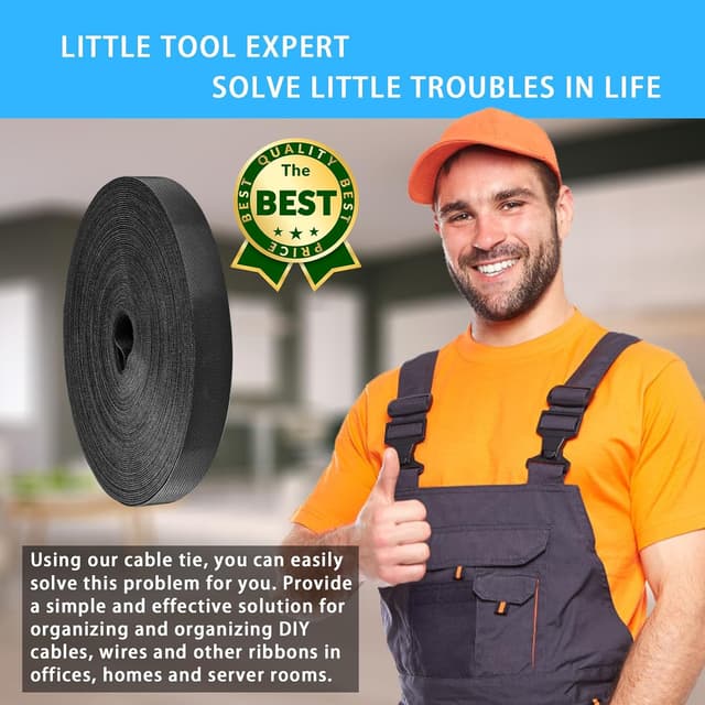 Detalle 2 de Gemi 20 m Klettband (20 mm) als Kabelbinder, zuschneidbar und wiederverwendbar – schwarz